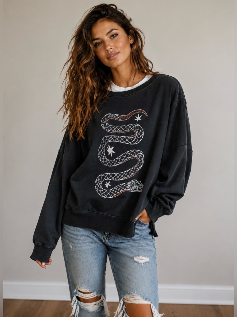 NWOT Free People Camden Graphic Snake Sweatshirt